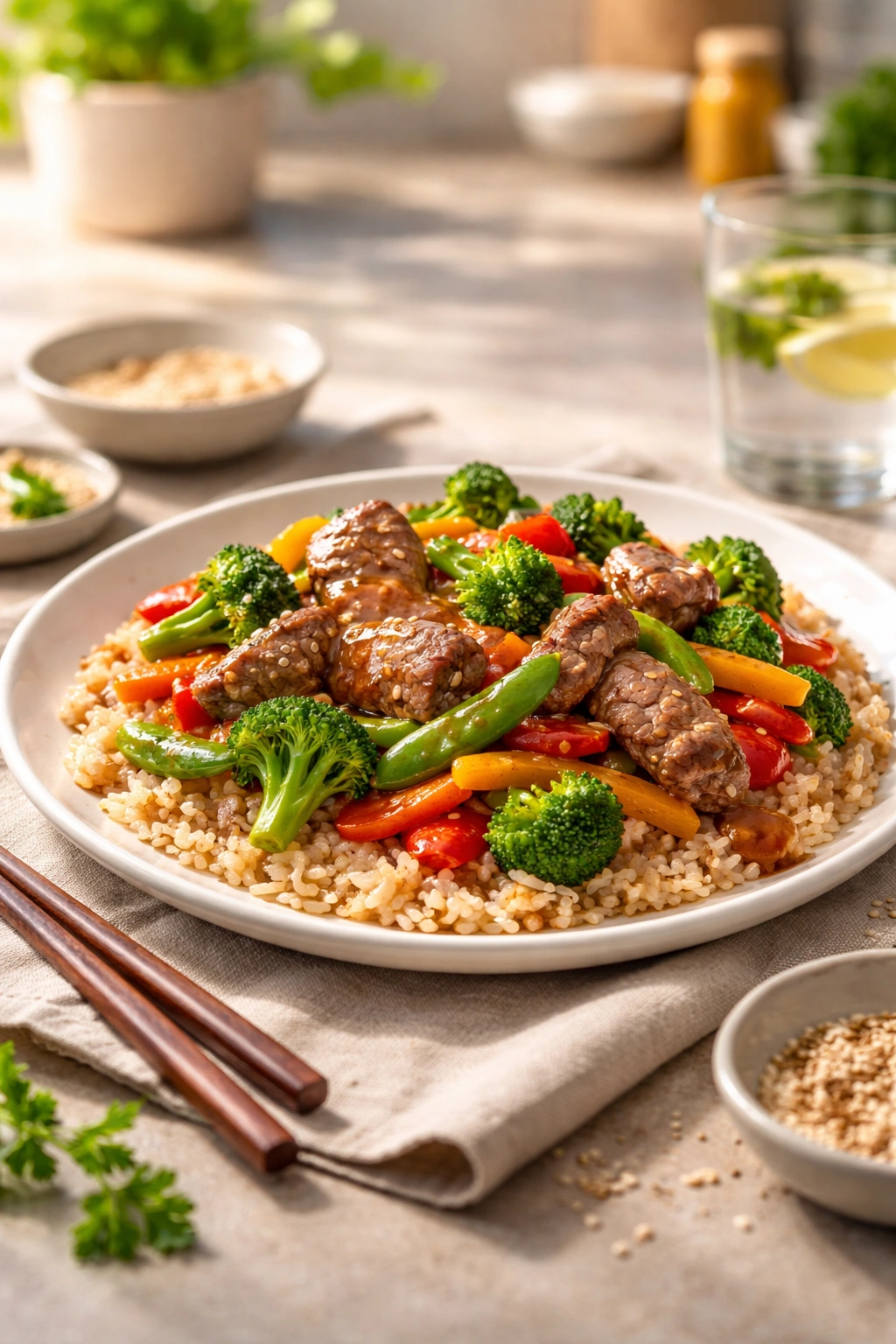 Plate of beef stir-fry with glossy sauce in a warm kitchen.