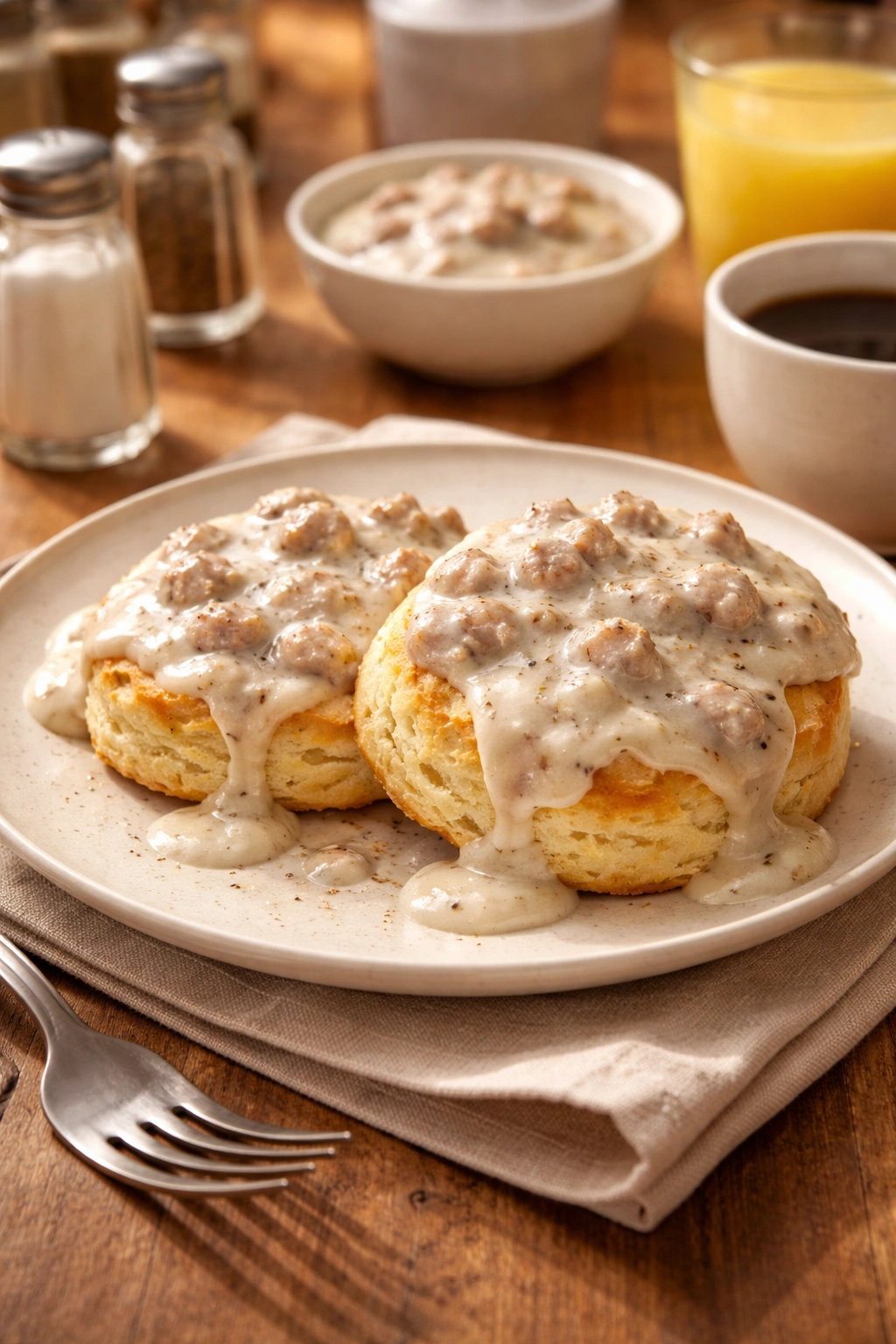 Plate of biscuits with gravy ready for serving and reflection.