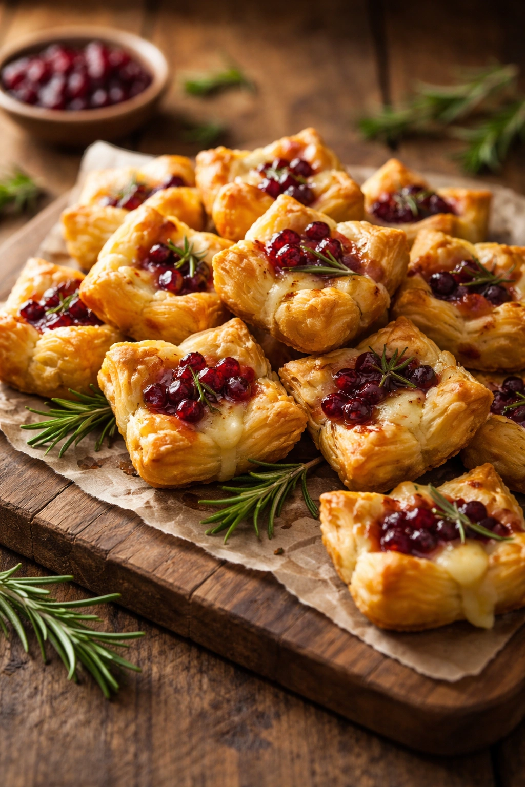 Final platter of Brie and Cranberry Bites on a rustic board