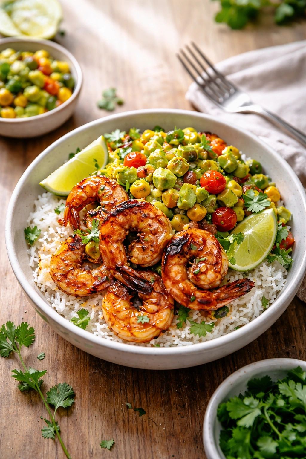 Finished shrimp bowl with avocado salsa on a wooden table