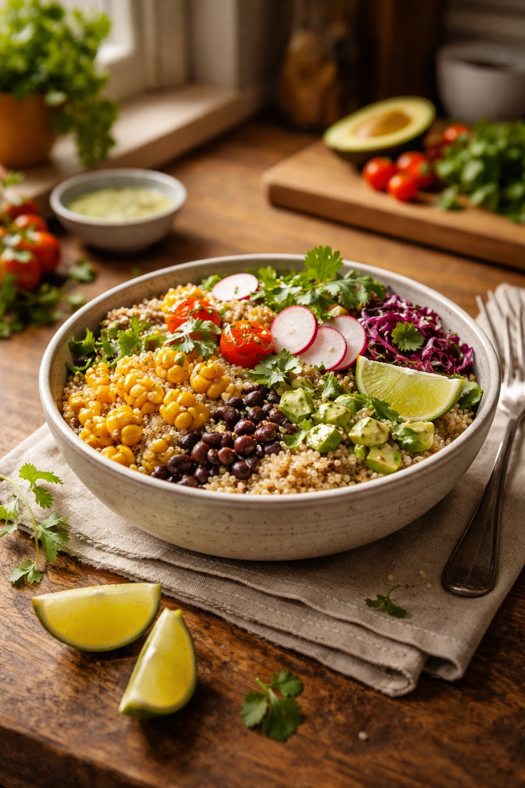 Finished corn and quinoa bowl in a warm kitchen, conveying final thoughts on healthy eating