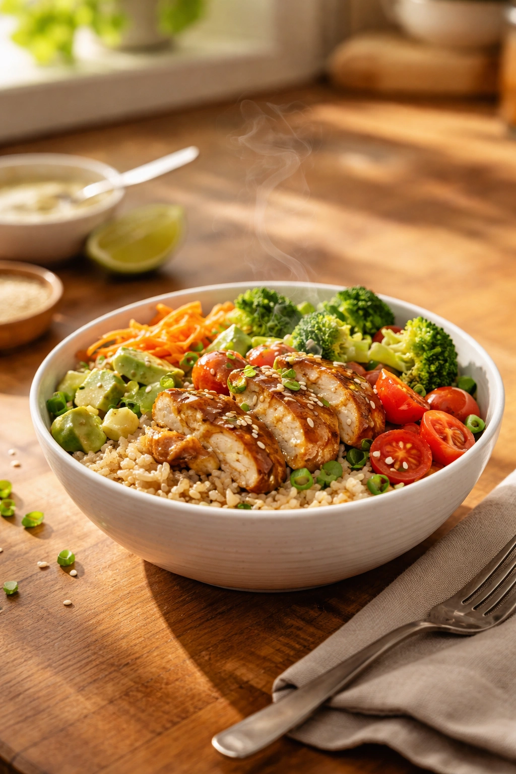 Serene kitchen scene with plated chicken rice bowl, representing final thoughts and completion.