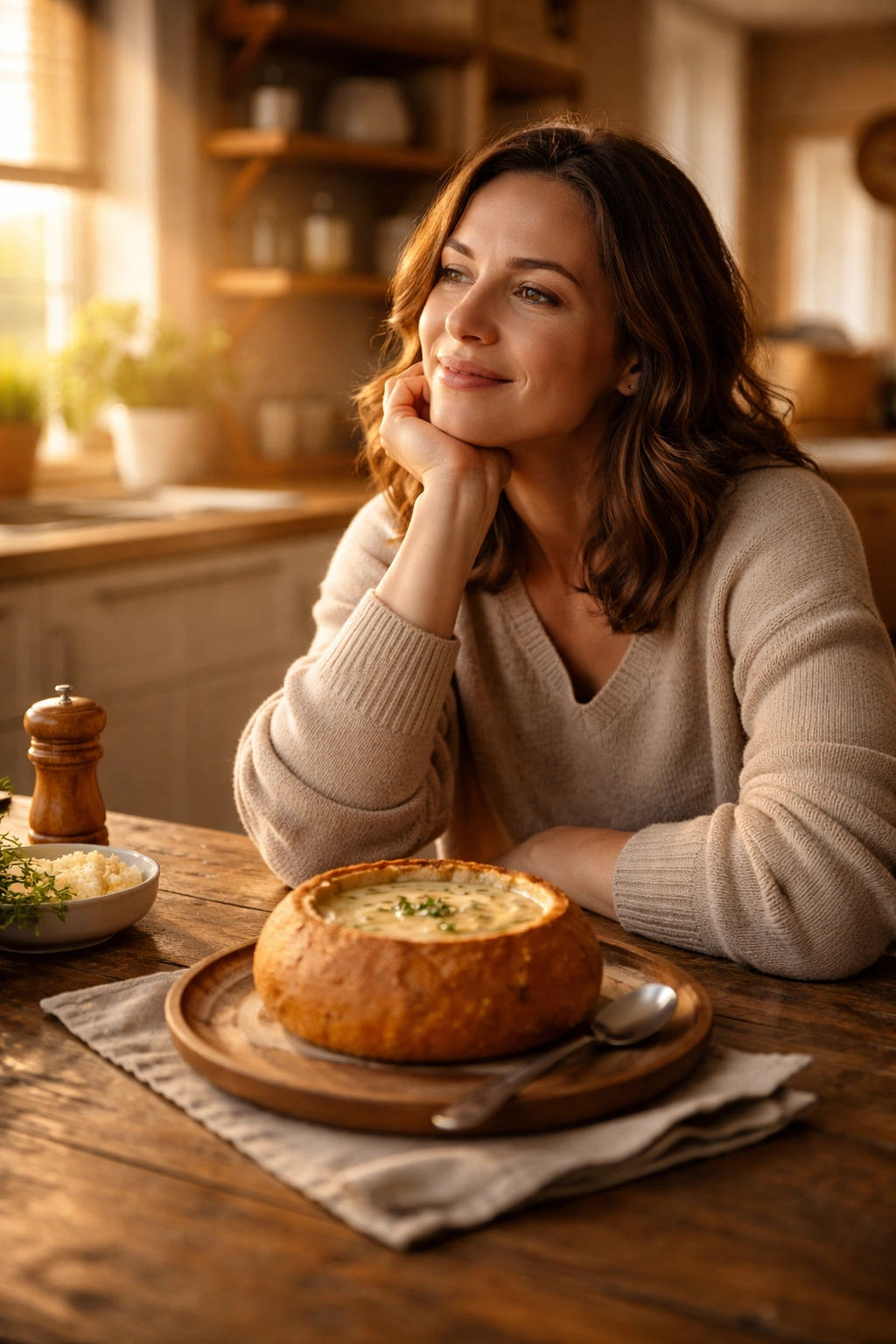Thoughtful person in a cozy kitchen with a rustic bread bowl of creamy soup