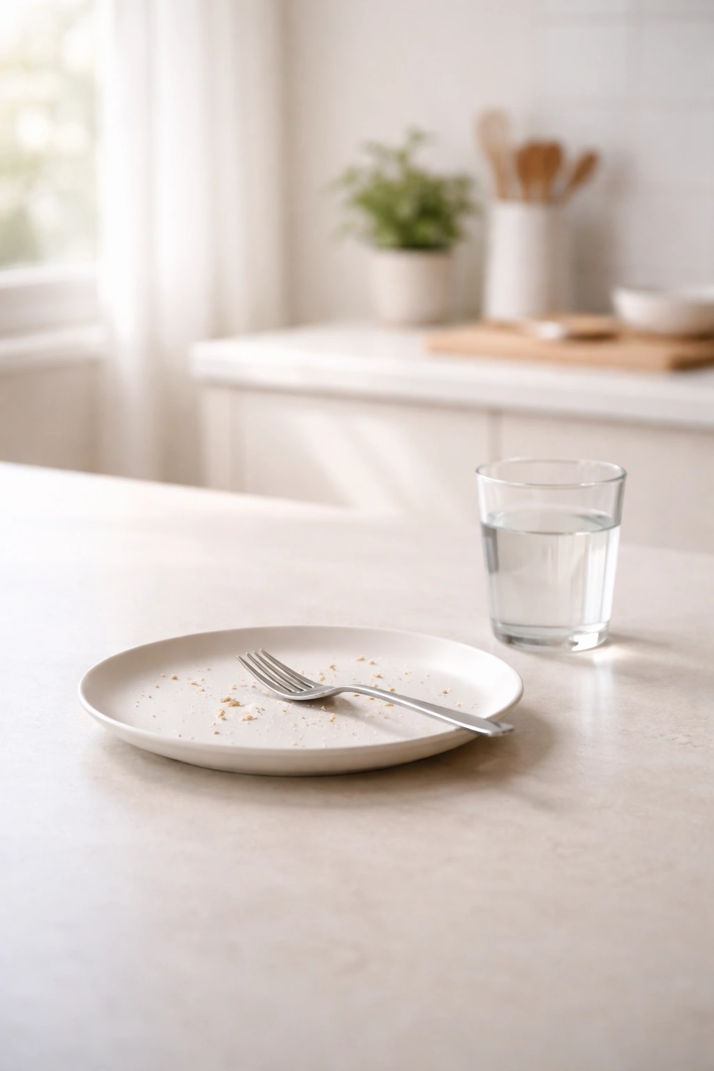 Minimalist kitchen scene with plate and glass of water