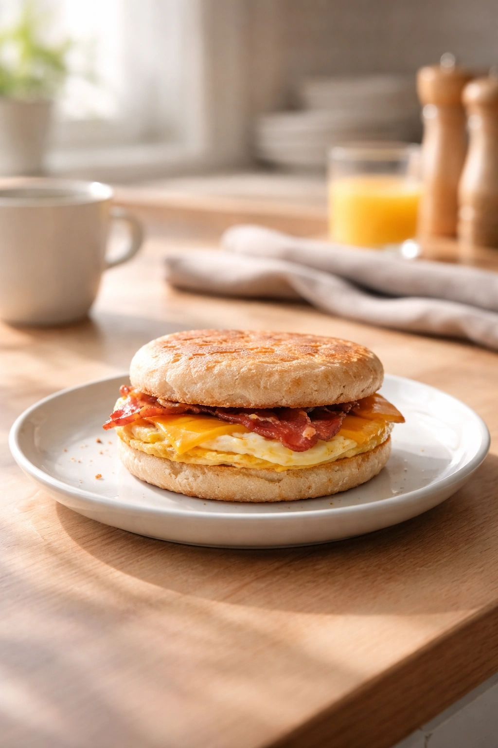 Minimalist kitchen scene with a breakfast sandwich on a plate in soft light