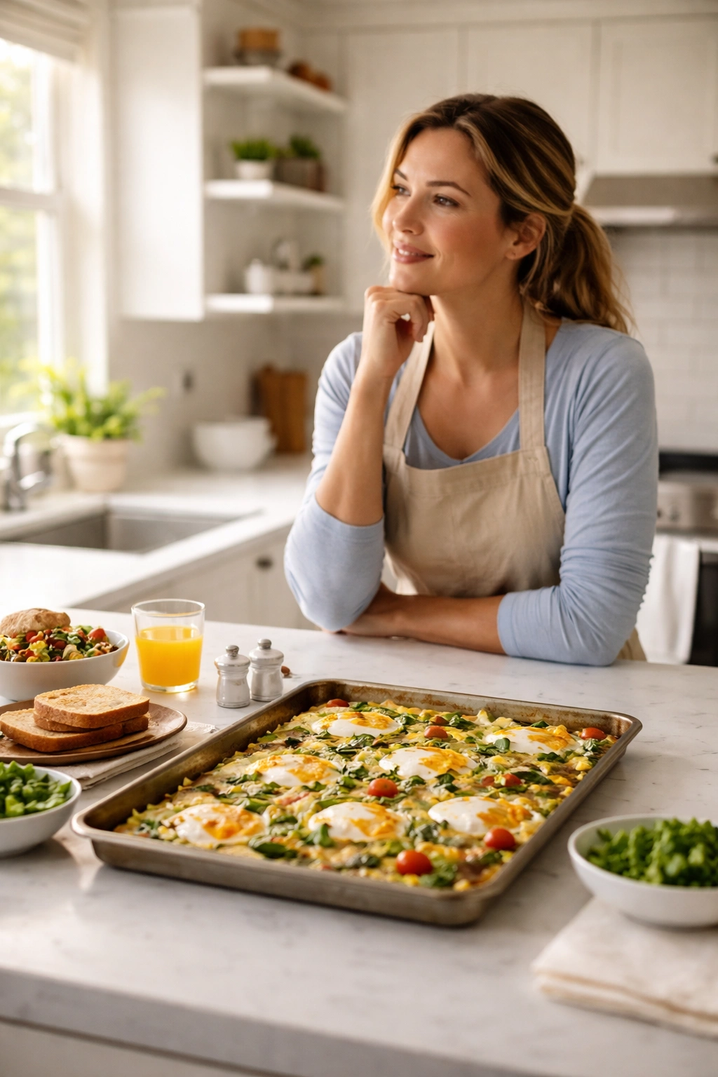 Contemplative home cook in a bright kitchen reflecting on sheet pan eggs breakfast