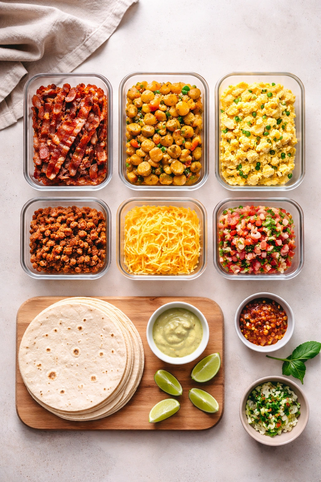 Serene kitchen scene with organized meal-prep containers for breakfast tacos
