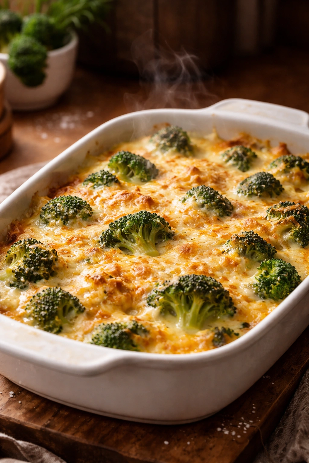 Finished broccoli cheese bake with a browned top and steam