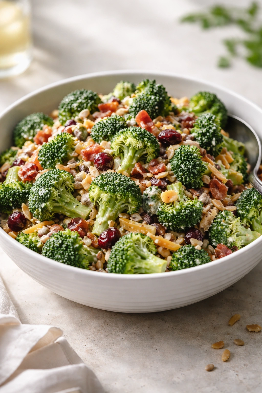 Finished broccoli salad bowl with glossy dressing and colorful toppings