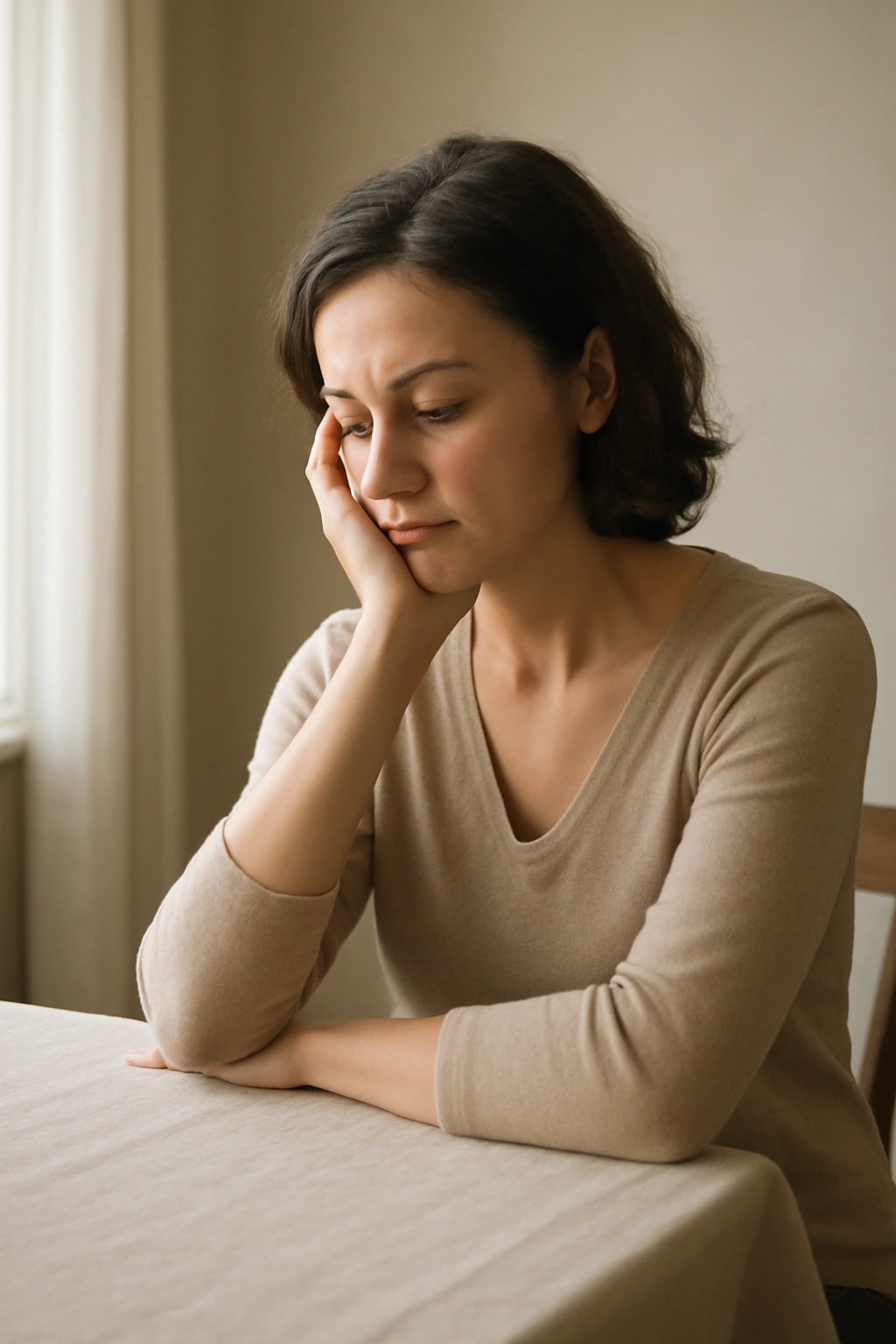 Solitary person at brunch table in thoughtful pose