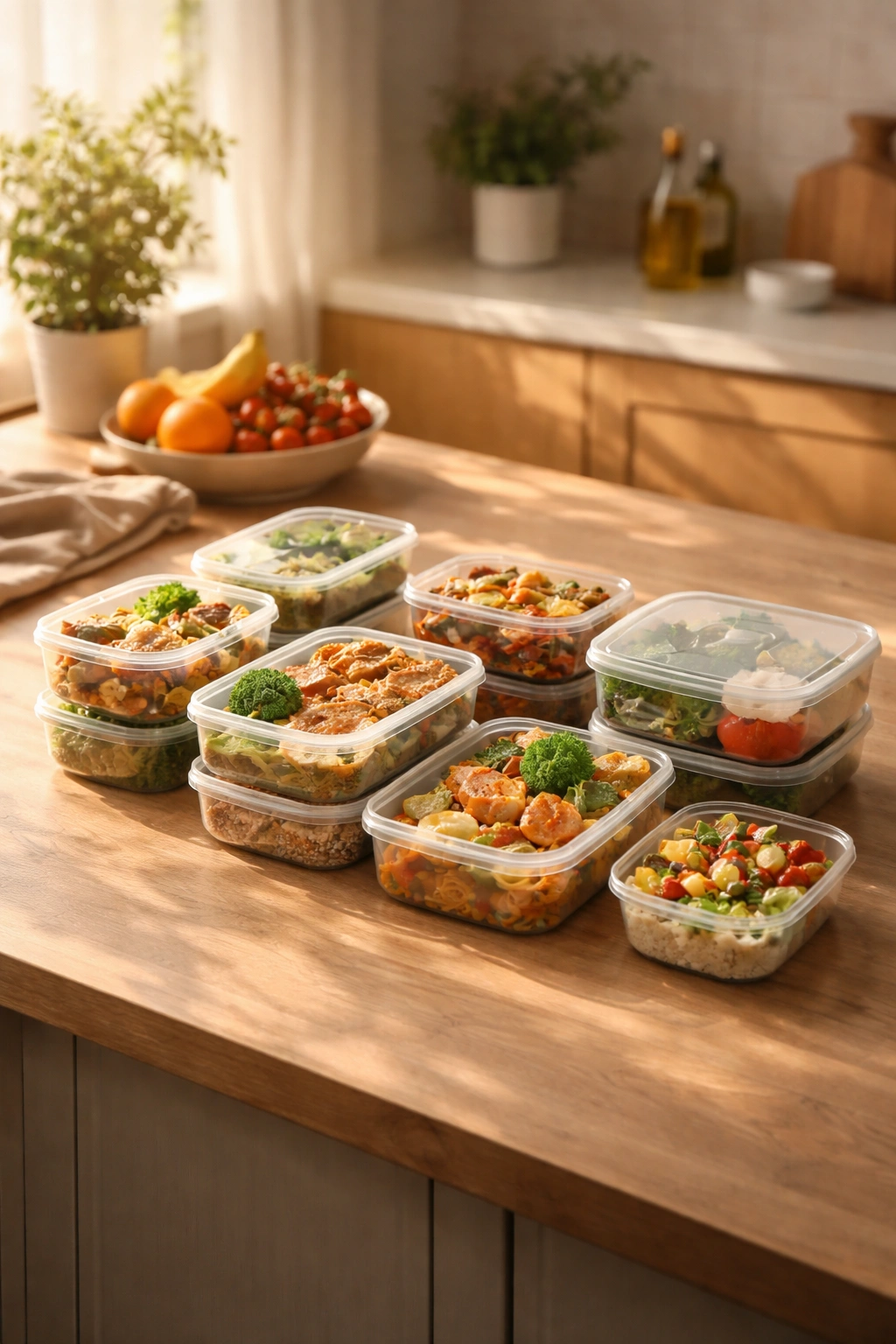 Calm kitchen with organized budget meals in containers implying reflection