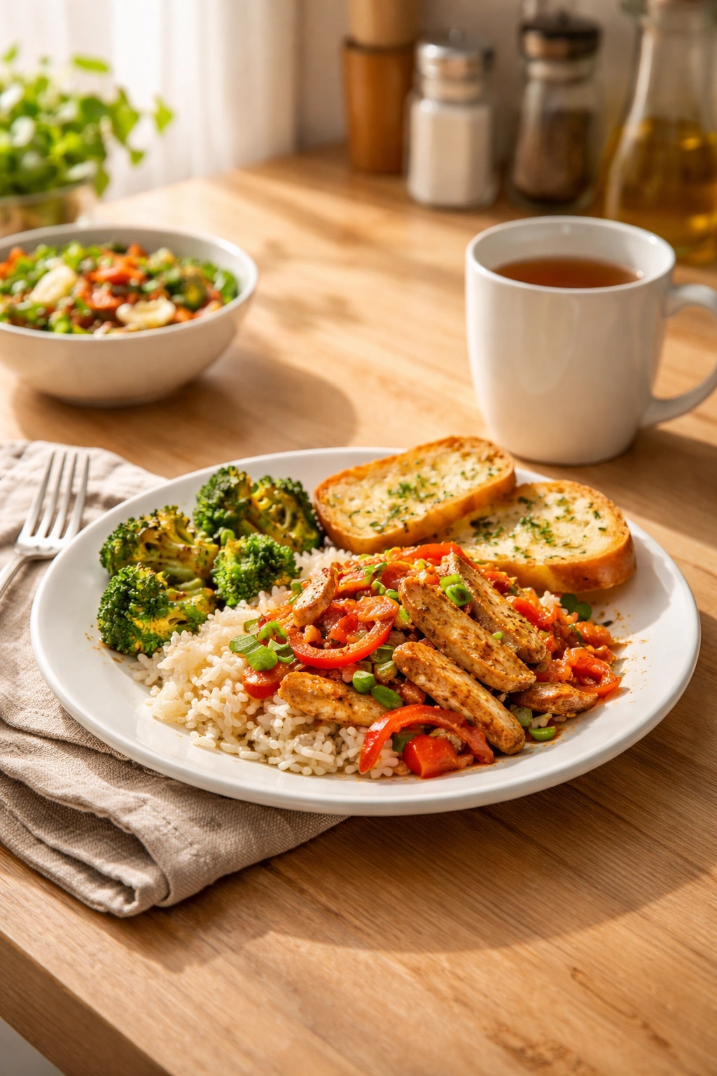 Calm kitchen setting with budget-friendly meals on a plate