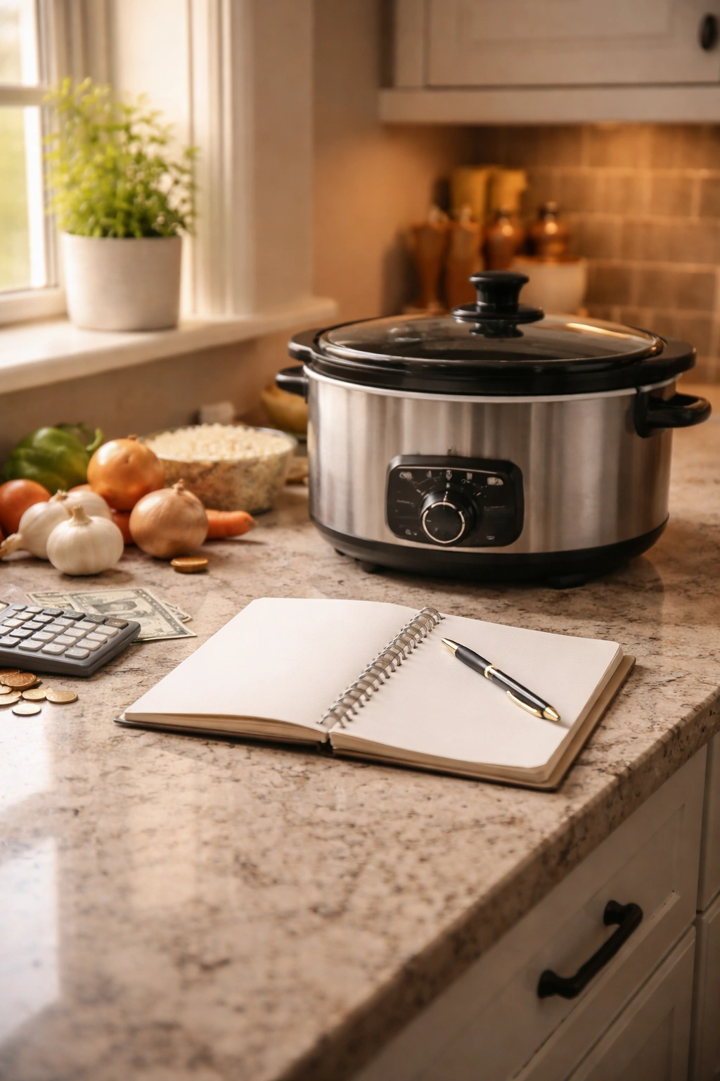 Calm kitchen with slow cooker and blank notebook suggesting budgeting and planning