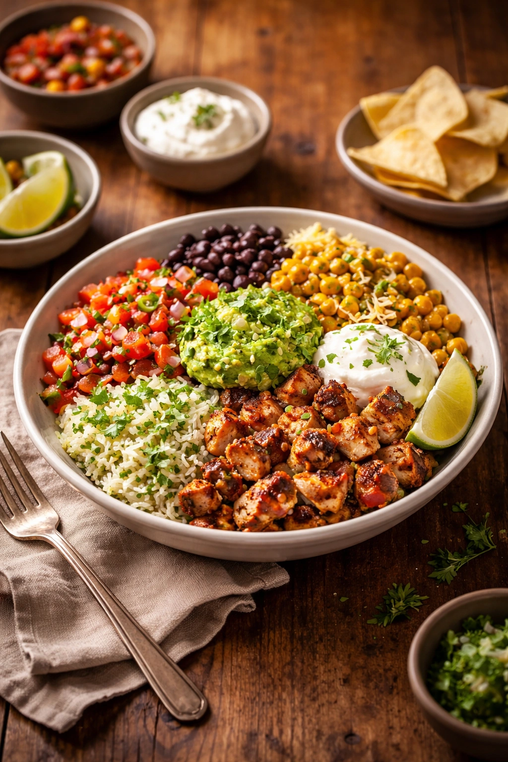 Plated burrito bowl on wooden table symbolizing final thoughts and completion