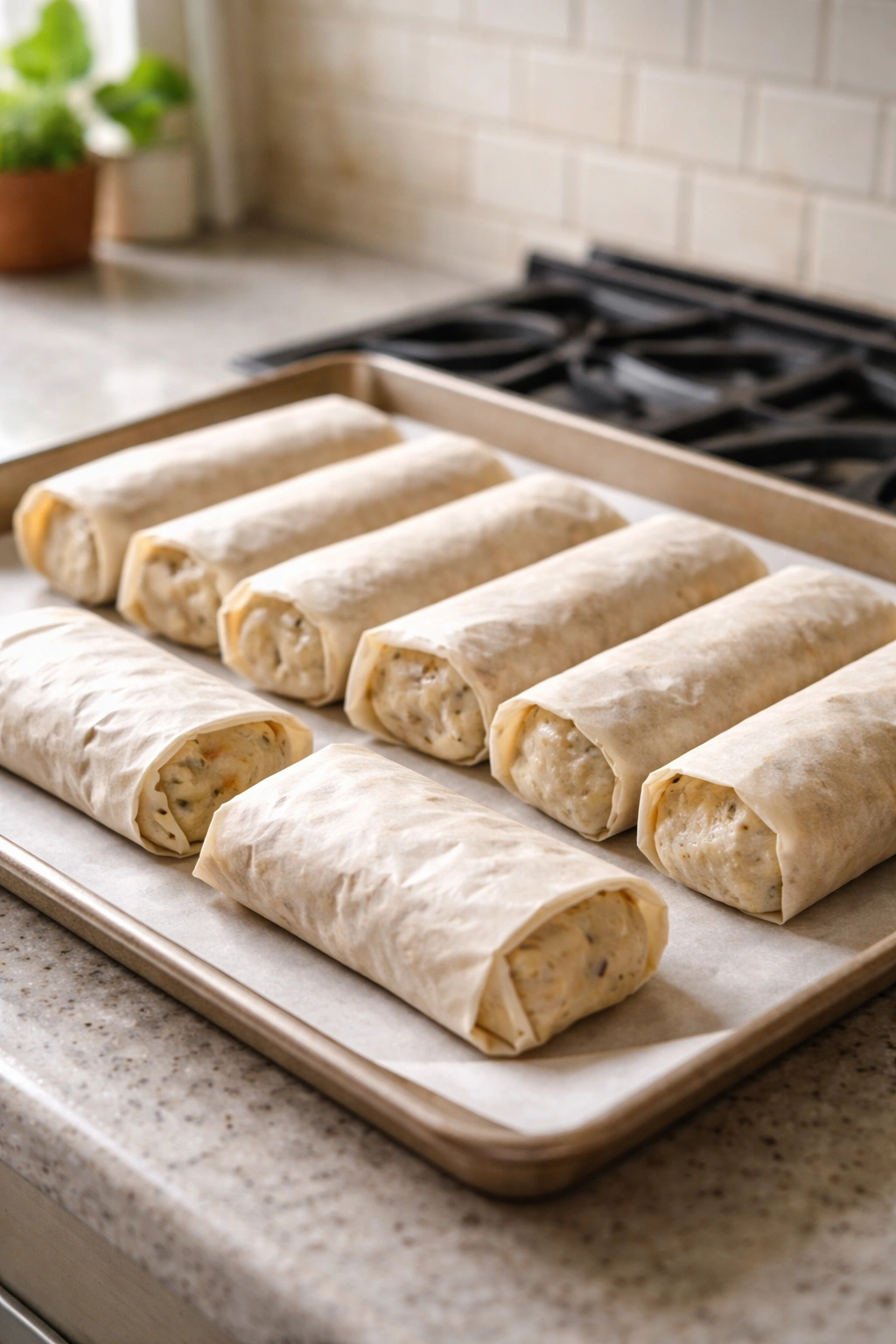 Eight parchment-wrapped freezer burritos on a tray ready for freezing
