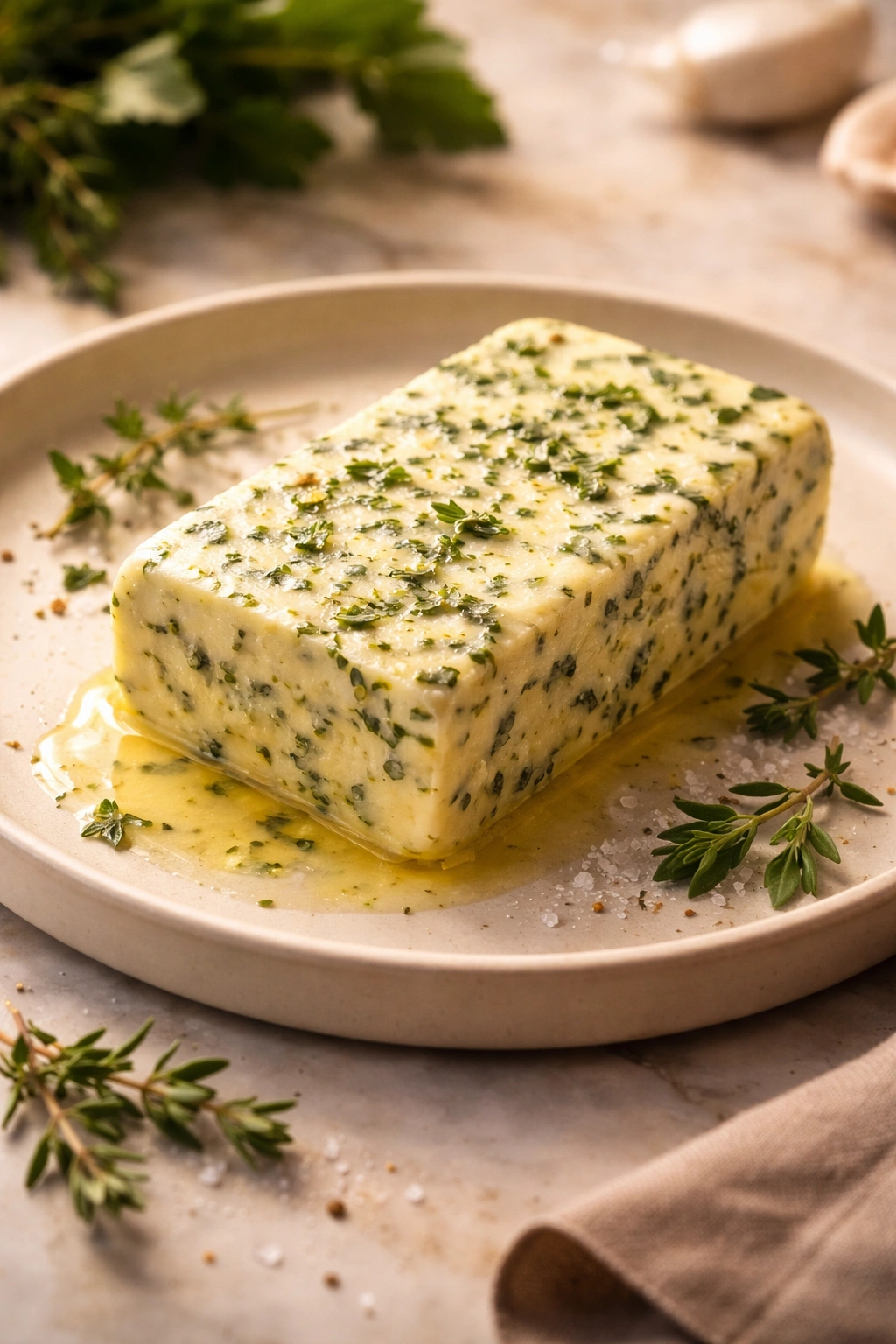 Single pat of herb butter on a plate, ready to melt in a simple, clean setup