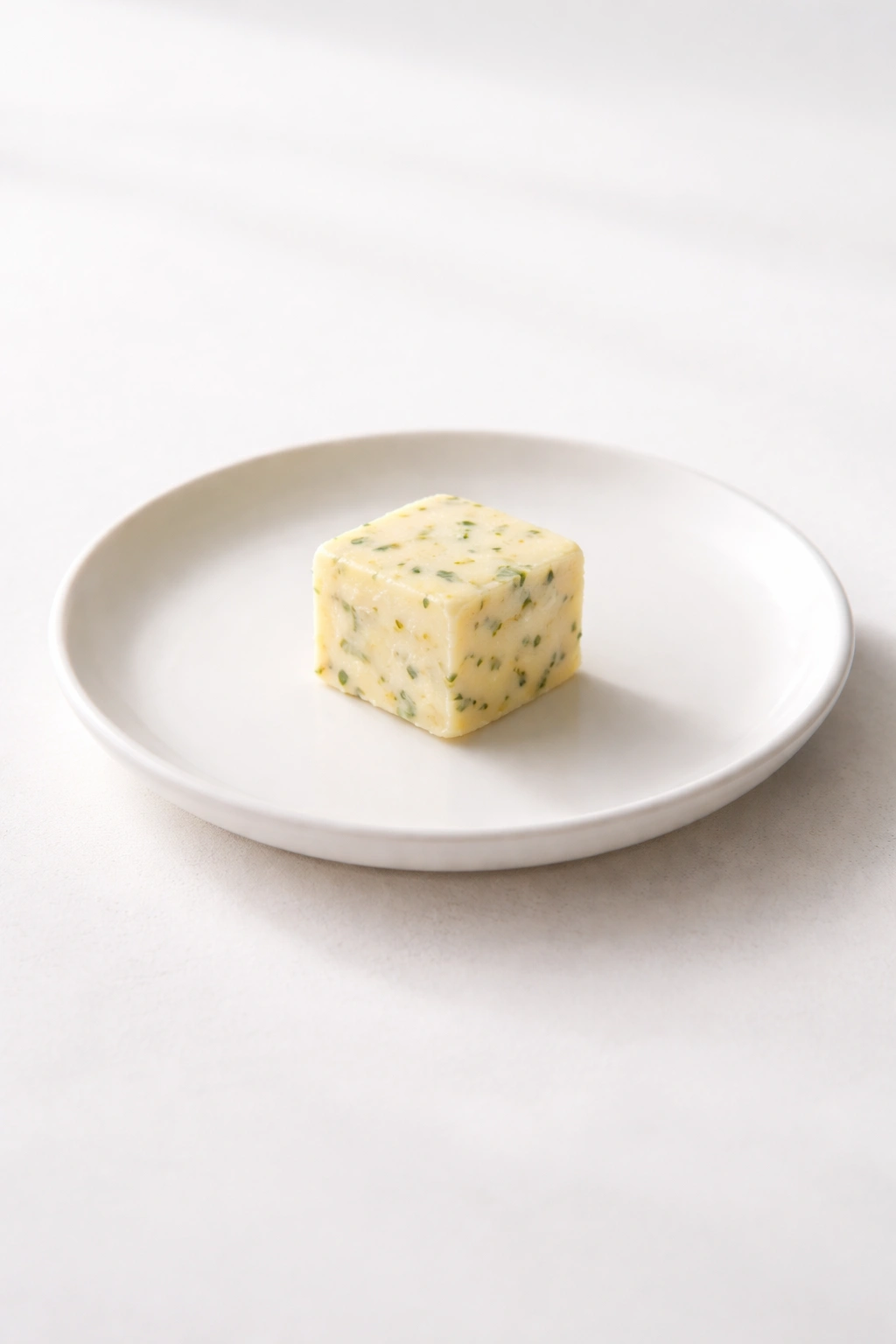 Minimalist butter pat on white plate with soft shadows