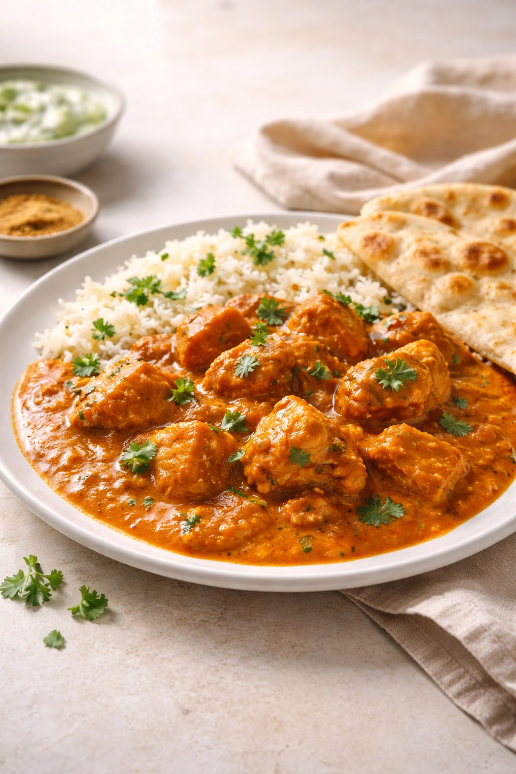 Plate of butter chicken with simple background