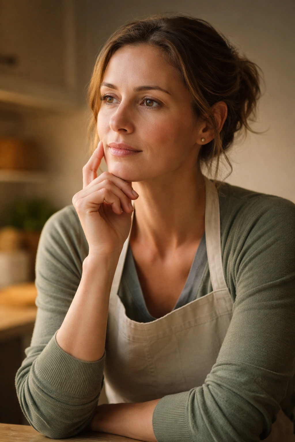 Solitary person in warm light, contemplative pose after butter making.