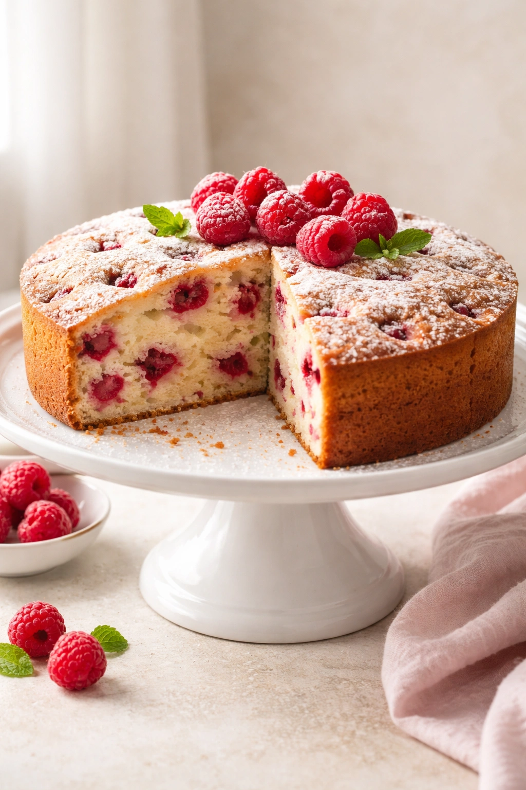 Elegant raspberry cake on a pedestal stand with soft lighting