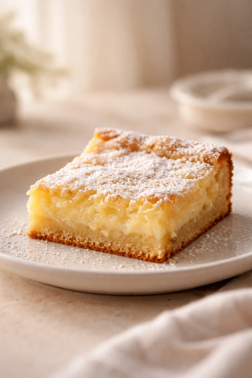 Slice of gooey butter cake on a plate with neutral background