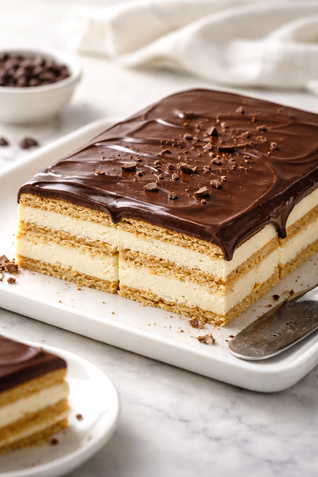 Finished no-bake chocolate eclair cake with glossy topping