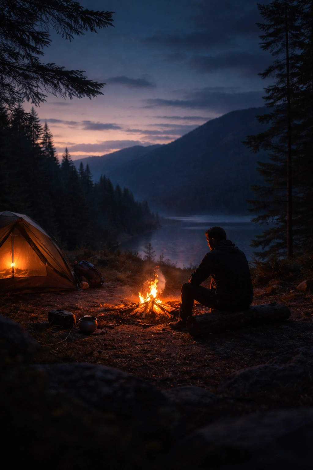 Silhouette by campfire at dusk, contemplative final thoughts