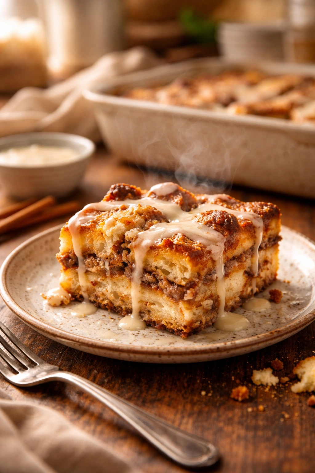 Elegant plated cinnamon roll casserole with steam