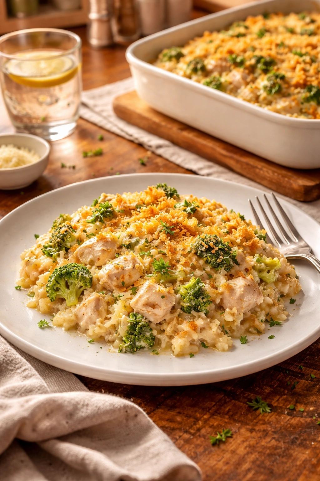 Finished creamy chicken casserole on a plate with golden crust