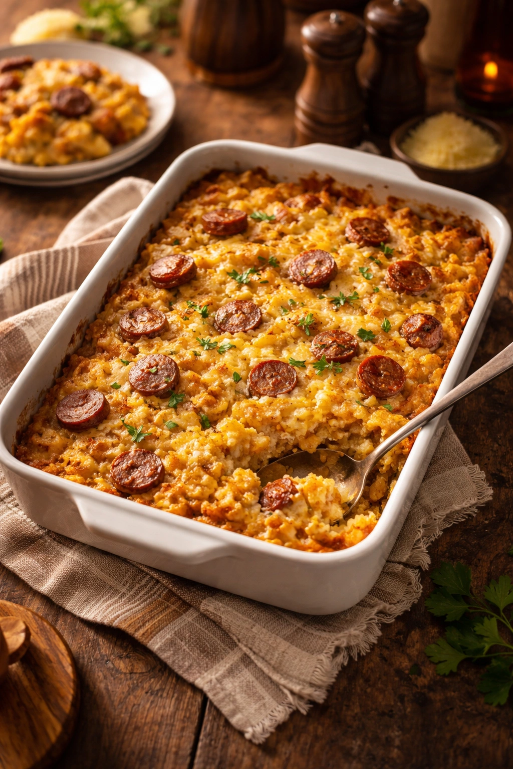Warm casserole in a cozy kitchen on wooden table, final thoughts theme, no text