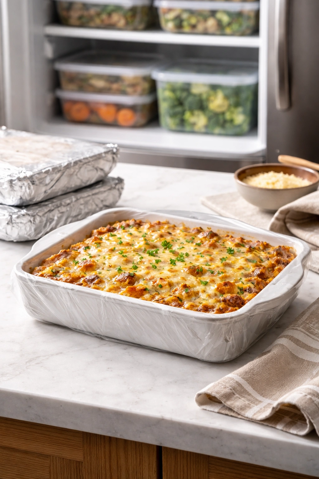 Single casserole on counter indicating freezer-ready meal planning.