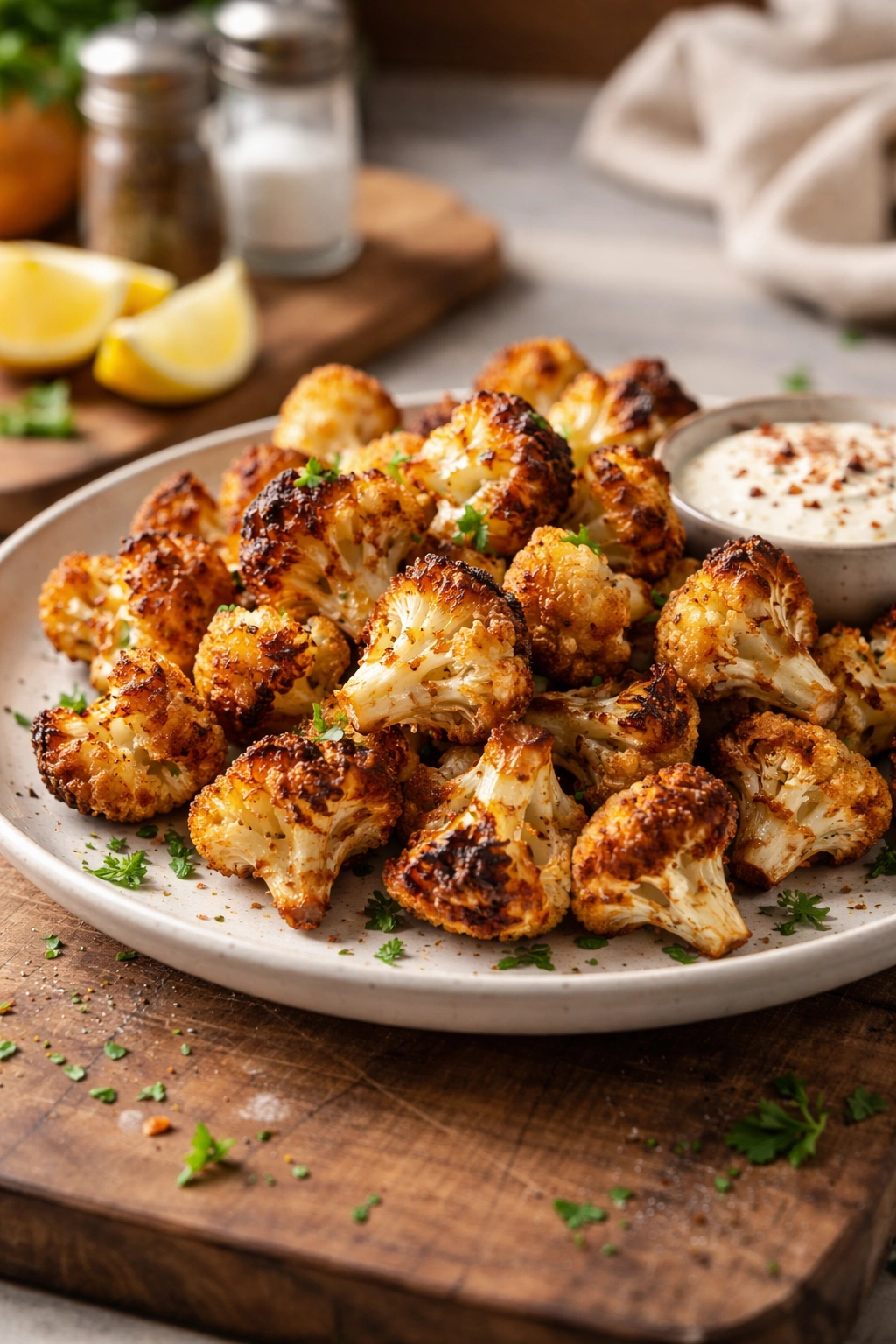 Cauliflower bites plated showing crispy exterior and tender interior