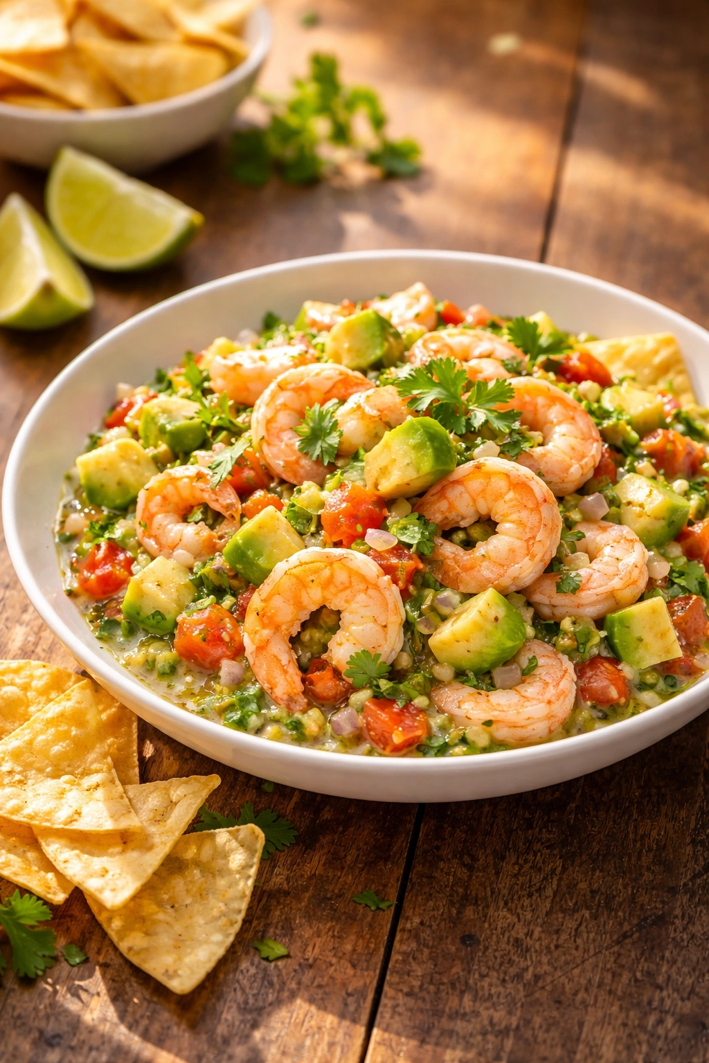 Bright shrimp ceviche with avocado and cilantro on wooden surface in warm light