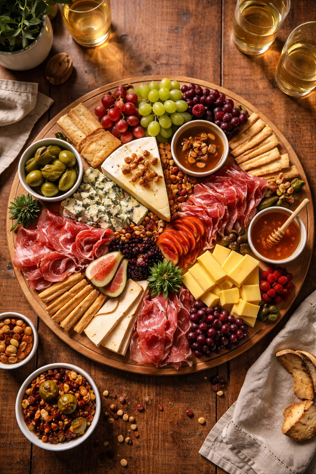 Finished charcuterie board ready to serve on wooden surface