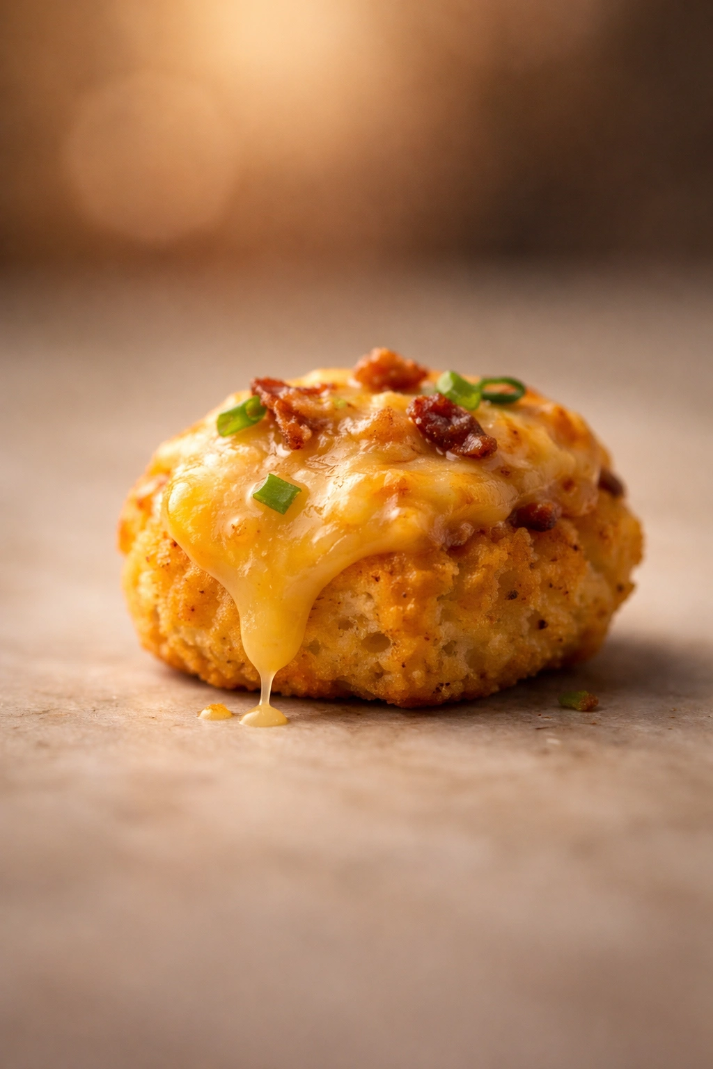 Single cheese snack on neutral surface with warm lighting