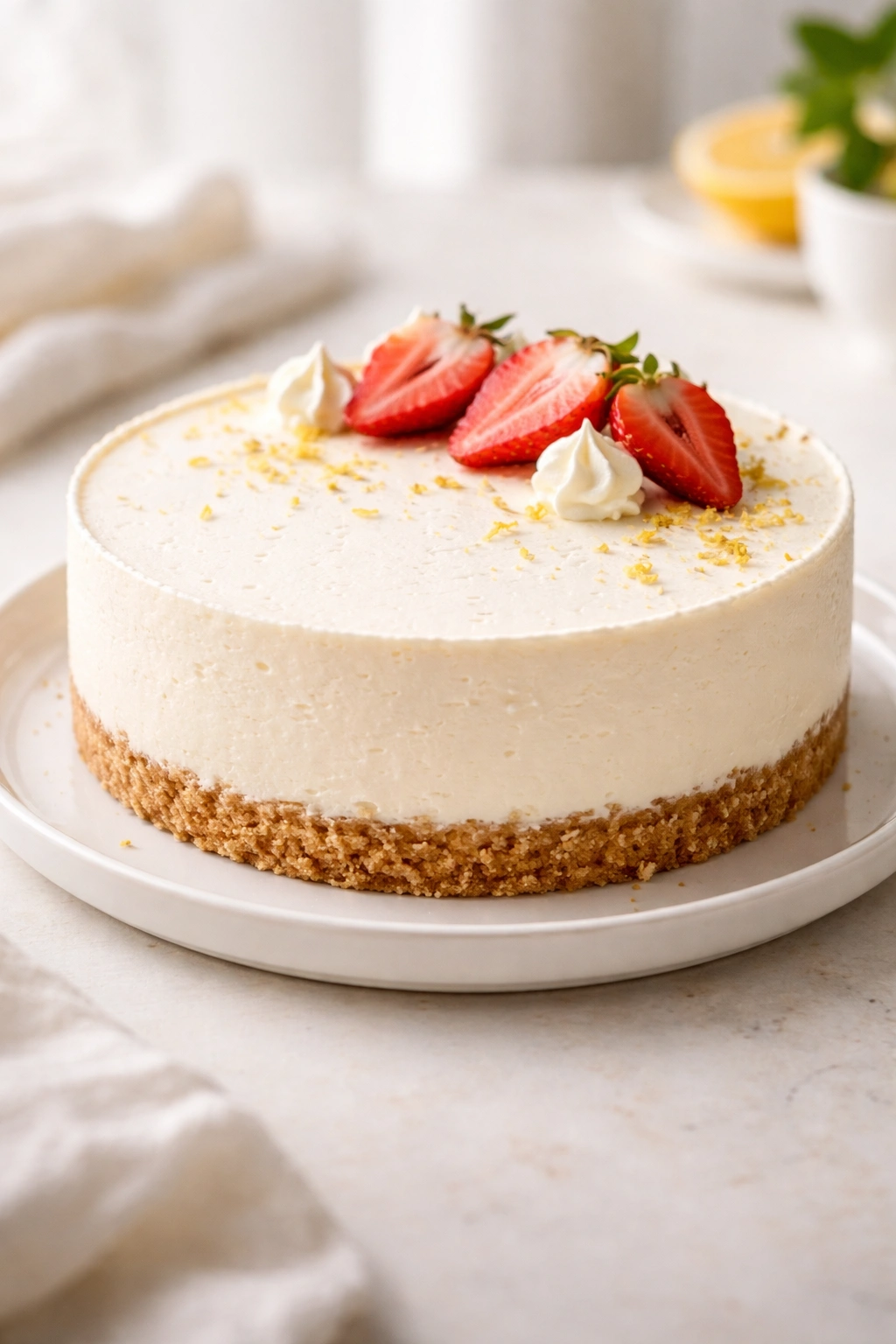Pristine no-bake cheesecake on plate with soft light