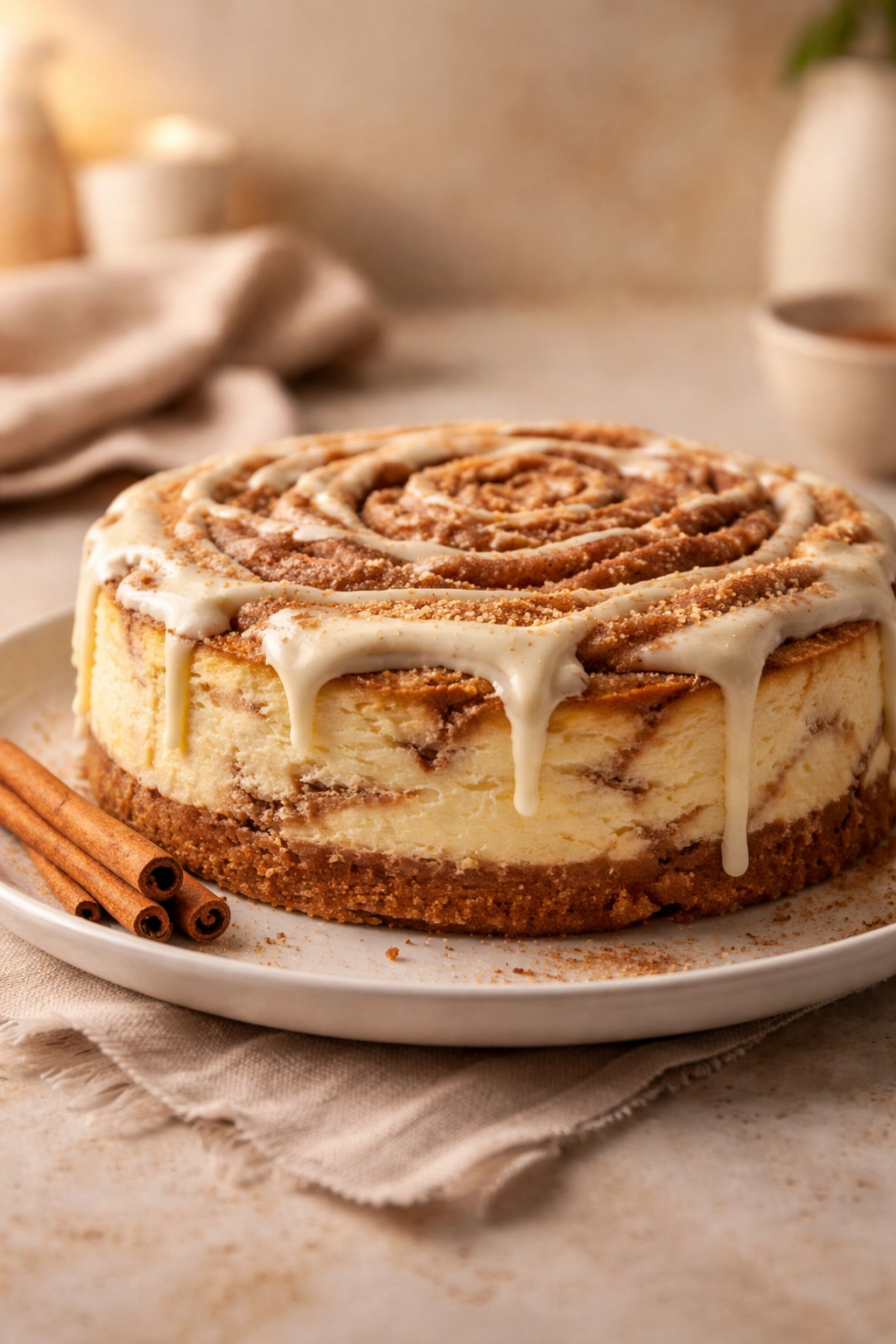 Finished cinnamon roll cheesecake on plate with warm lighting