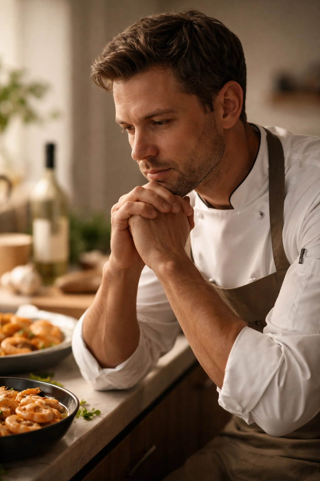 Silhouette of a contemplative chef in a minimal kitchen