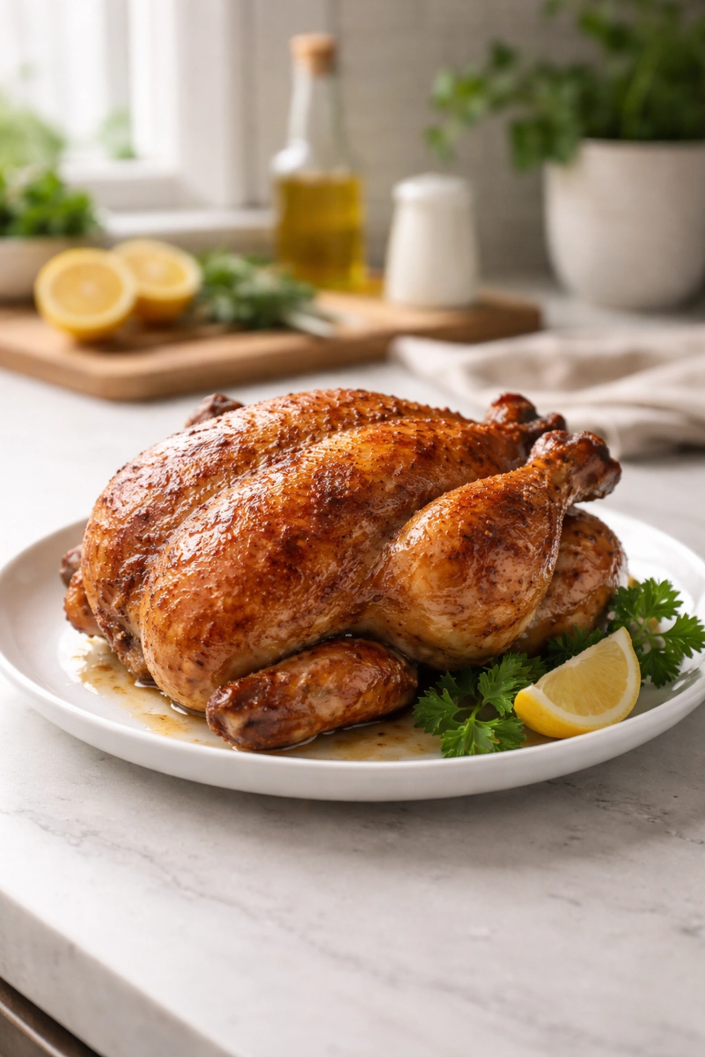 Plated rotisserie chicken on a clean counter