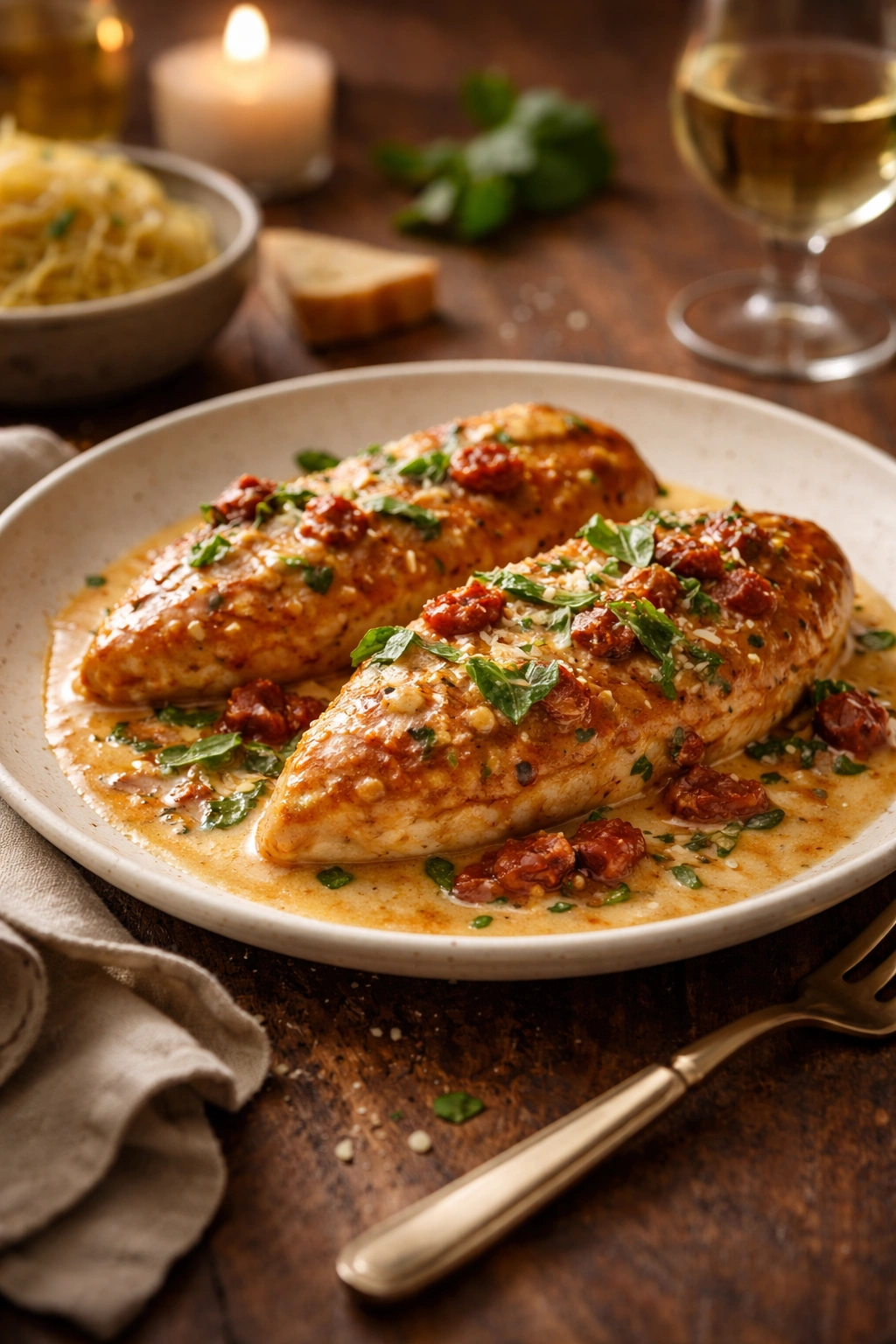 Plated Marry Me Chicken with creamy sauce