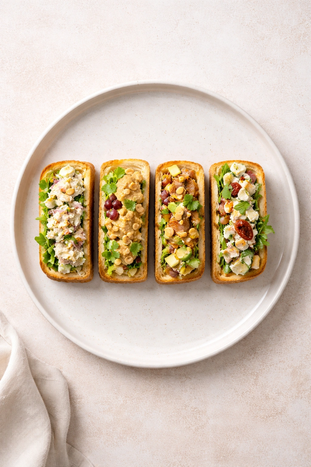 Plate with four small chicken salad sandwich bites representing four variations