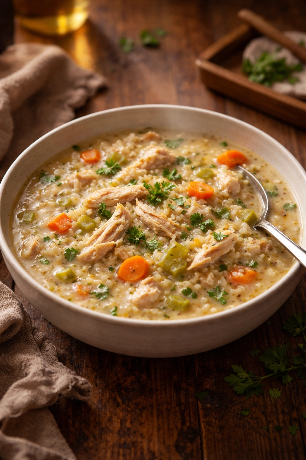 Steaming bowl of chicken and rice on a wooden table