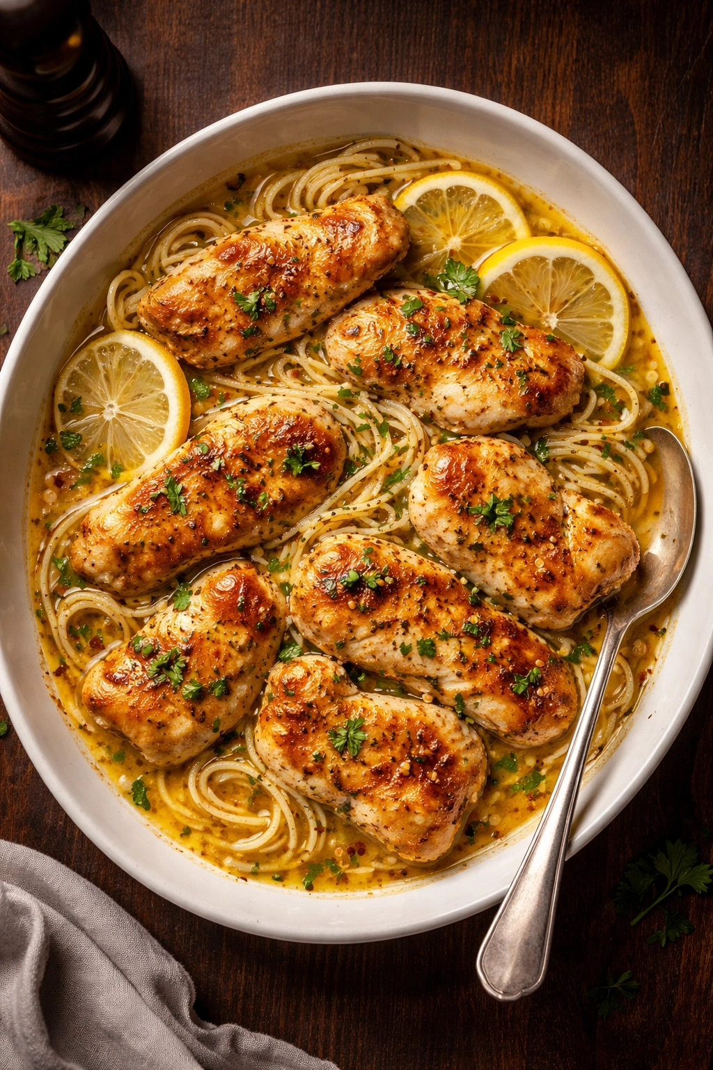 Elegant plate of chicken scampi with glossy lemon garlic butter sauce
