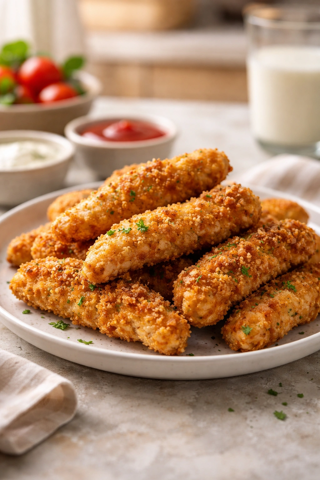 Plate of chicken tenders on a clean countertop