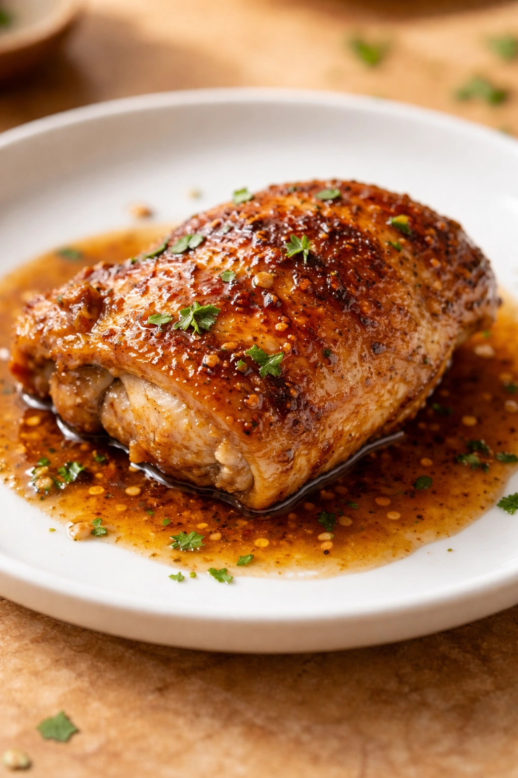 Plated chicken thigh with glossy sauce on a clean plate