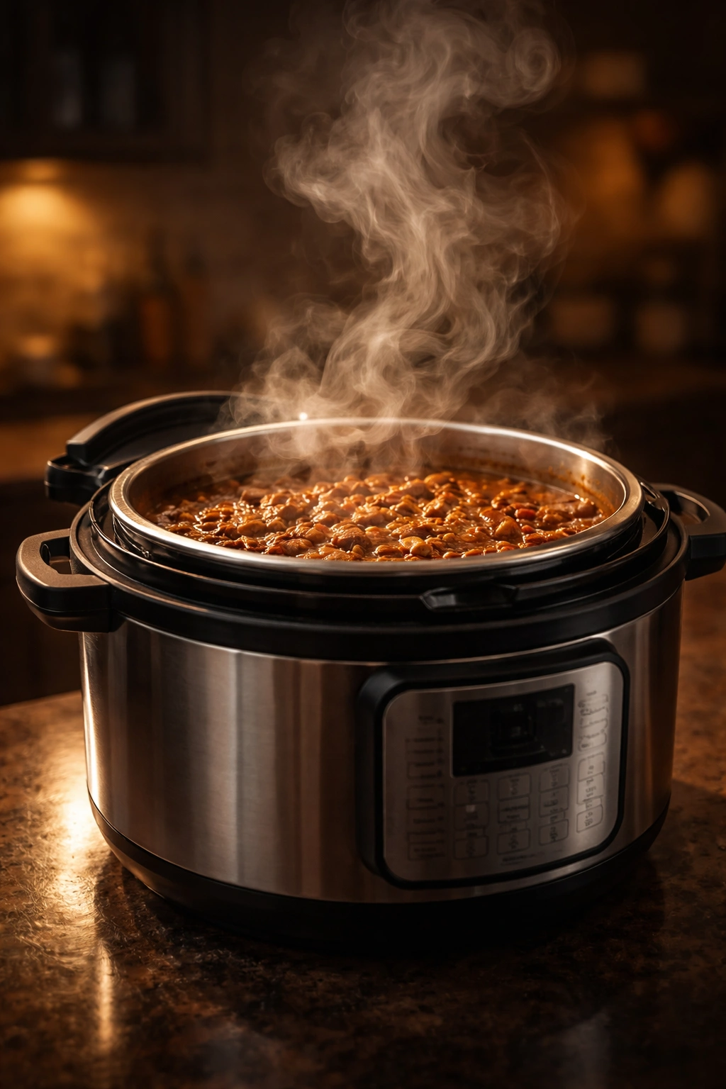 Glowing pot with curling steam in a warm kitchen