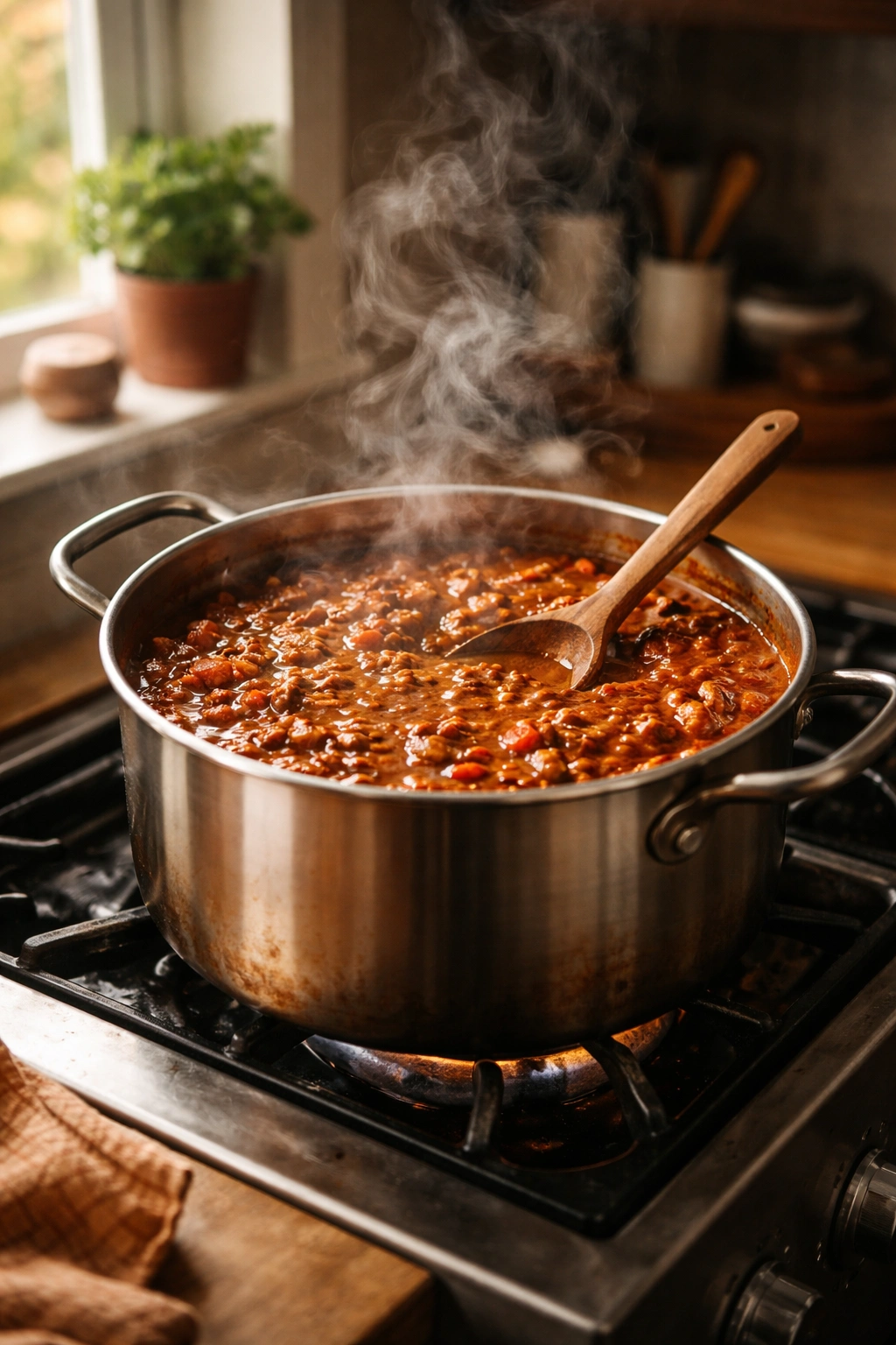 Steaming chili pot on stove with warm kitchen lighting