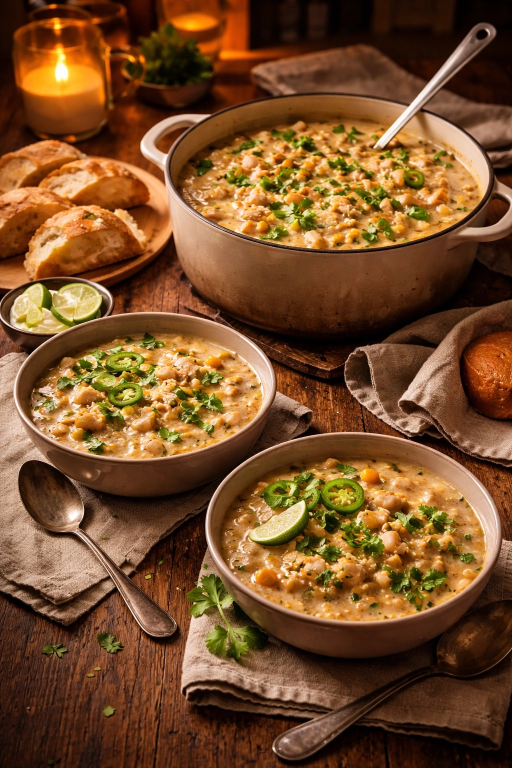 Cozy chili dinner with pot, bowls, and bread in warm light