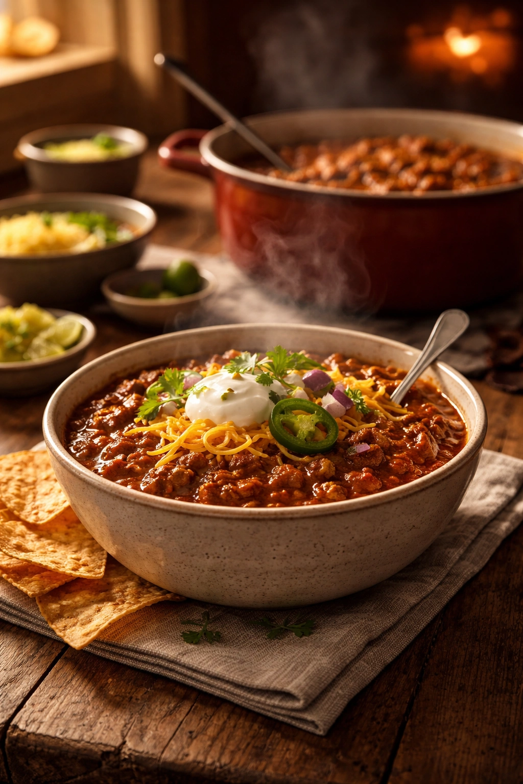 Finished chili in a plated bowl with toppings on a rustic table in a warm kitchen.