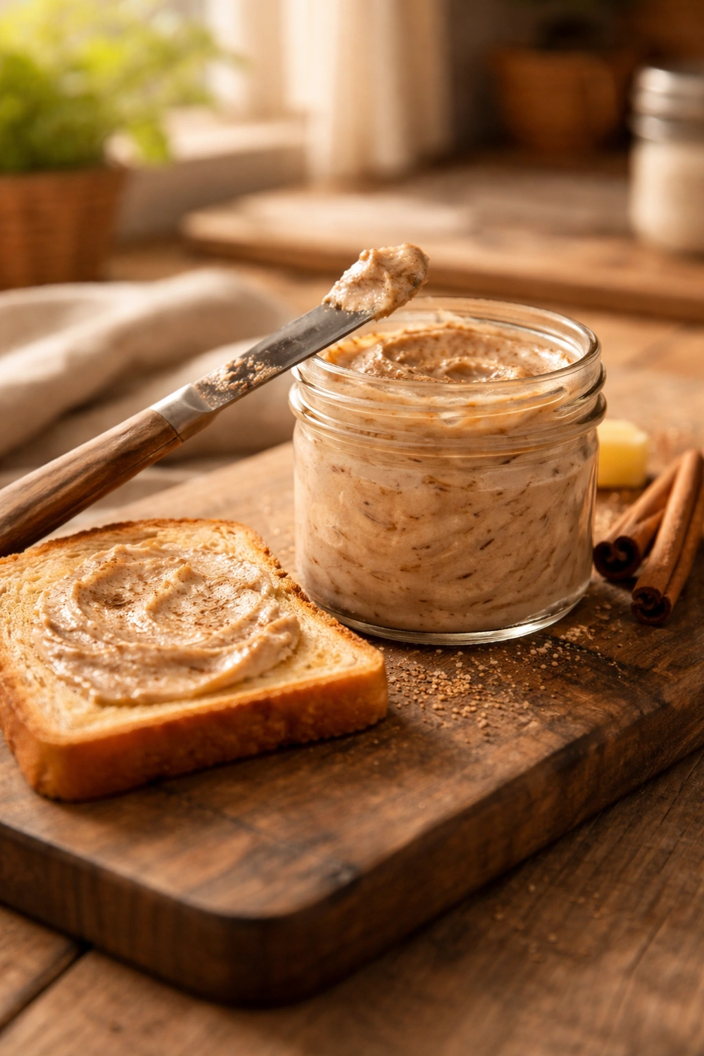 Close-up of cinnamon butter on toast on a rustic board in a warm kitchen